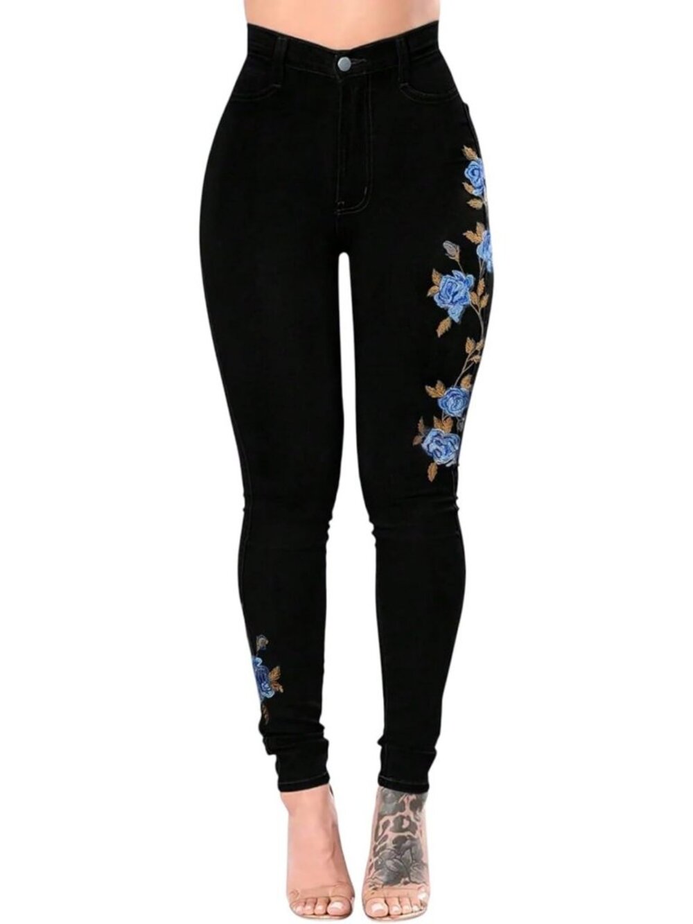 Floral Embroidered High Waisted Stretch Skinny Jeans for Women - Trendy